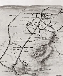 Kaart van Lord Kitcheners Blokhuissysteem in Zuid-Afrika, 1916